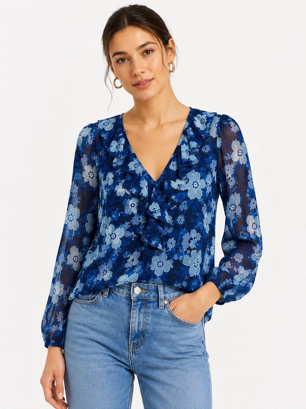 NWT J.Crew Watercolor Begonias Ruffle Blouse Blue Floral Sheer Top Size S